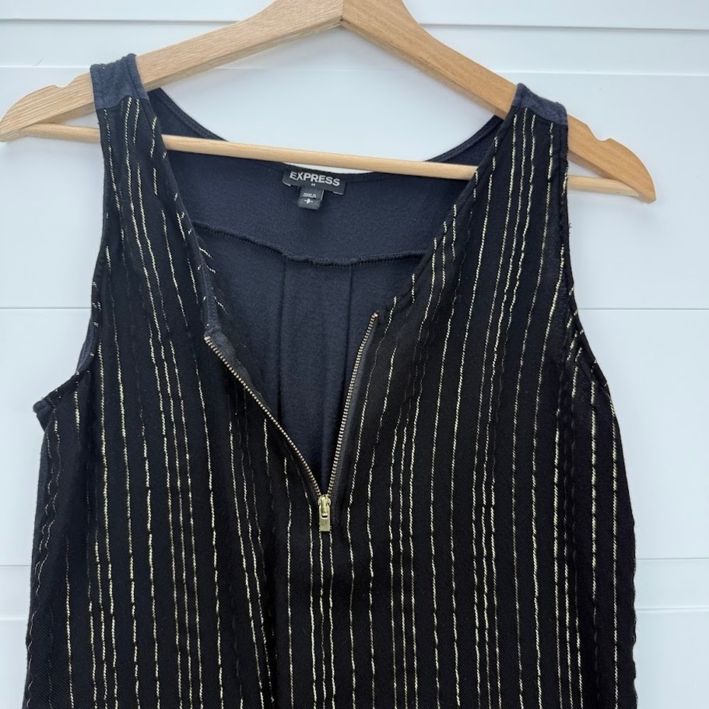 Express Tank Top Womens Small Black Gold Metallic Pinstripe Zip Excellent Glam - Picture 3 of 6
